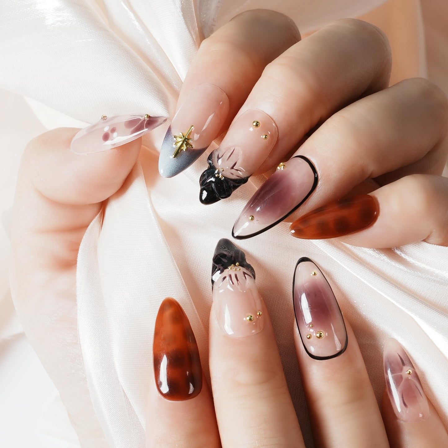 Tesytto Handmade Press on Nails Medium Almond, Nude Brown Gradient Floral Fake Nails, Glossy Reusable Stick On Acrylic Nails with Gold Charms Luxury Salon Design (Dusk Pastel Gradient Flowers, M)