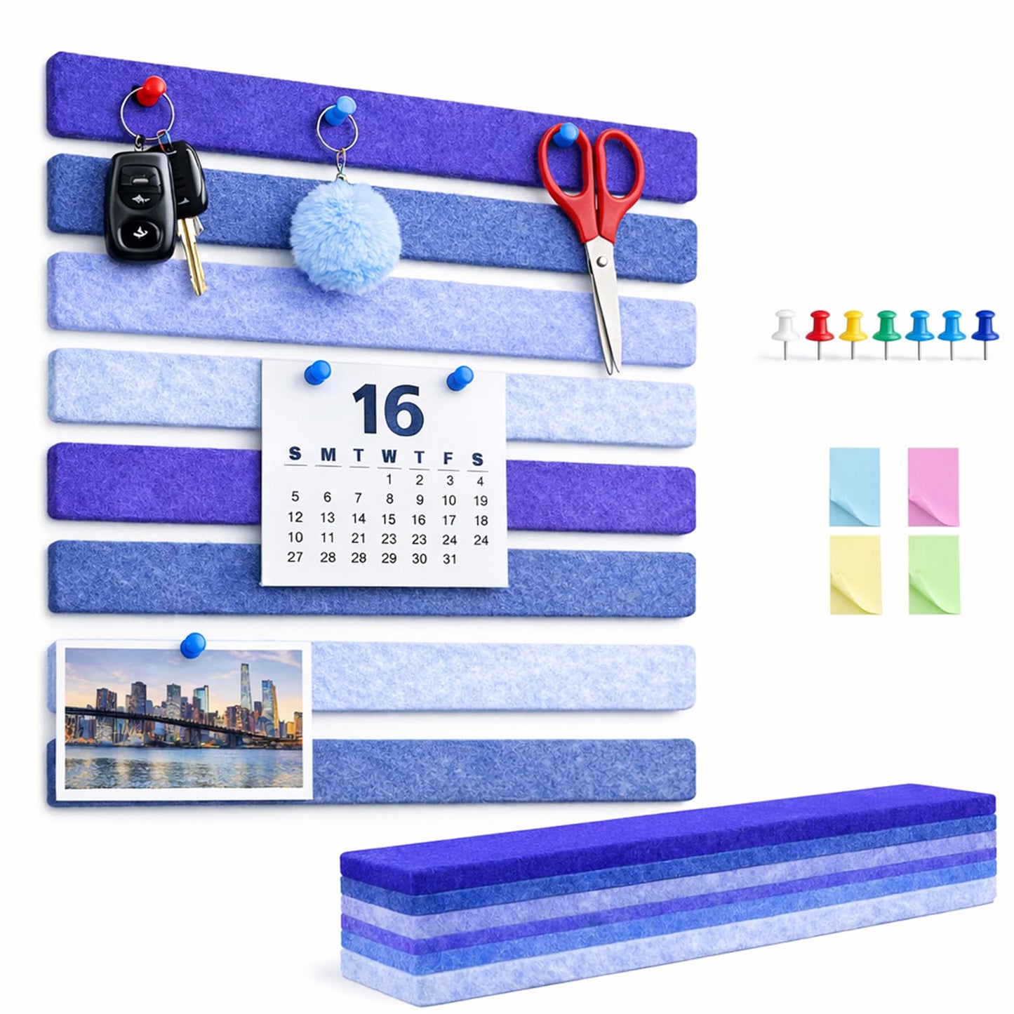 Felt Bulletin Board Strips for Wall 16 Pack 13"x2" - Felt Pinboard Strips with 70 Push Pins and 200 Sticky Notes, Adhesive Cork Board Alternative for Office, Dorm, Photos, Notes (Mix Blue)