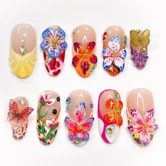 24Pcs Colorful Flower Press on Nails Medium Almond Fake Nails with 3D Butterfly Rhinestones Design Handmade False Nails Spring Summer Acrylic Nails Cute Floral Nails Stick on Nails for Women