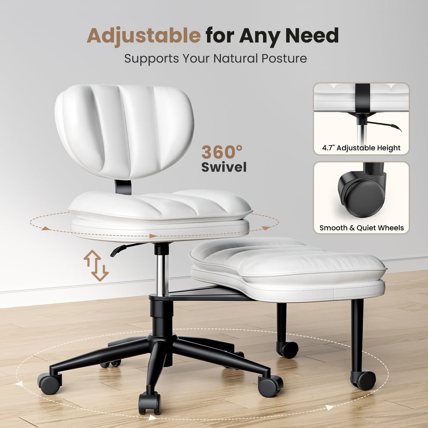 Extra-Wide & Tall Cross-Legged Office Chair – Deeply-Padded Cloud Seat, Ergonomic Back Support, Adjustable Height for ADHD & Meditation, White