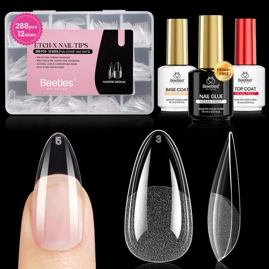 Beetles Gel Nail Kit Etch-X, Medium Almond, 288pcs 12 Sizes Nail tips, 3Pcs 15ml HEMA-Free Nail Glue Top Coat &Base Gel Set, for Acrylic and Clear Press On Nail, Long Lasting Extension DIY Set at Home