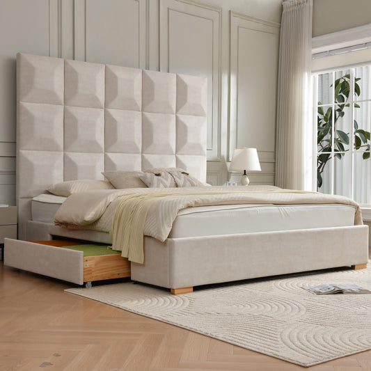 YUHUASHI King Size Bed Frame with 71.5-inch high headboard with Oversized Storage Drawers, Wood Slat Supports, no Springs Required (Beige, King (U.S. Standard))