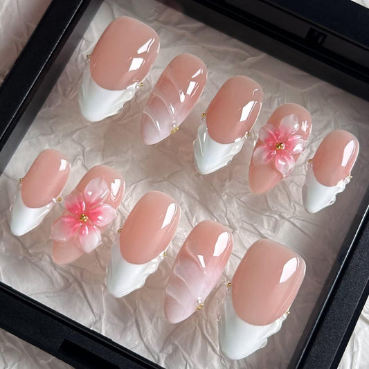 Handmade Press On Nails - MAGLFELL Spring Nails Almond False Nails, 3D Pink Carving Floral and French Design, 10Pcs Reusable Acrylic Fingernail Salon Artificial Nails Kit (Size M)