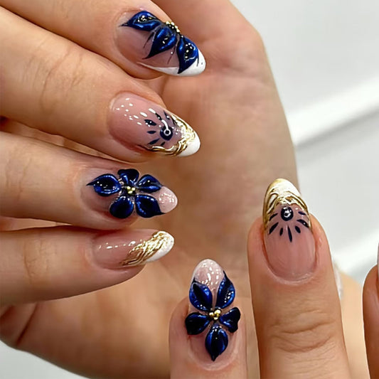 24Pcs Blue Floral Press on Nails Almond Shape Chrome Gold French Tip Fake Nails Medium Length Artificial Nails Flowers Acrylic Nails Full Cover Stick on Nail for Women Wedding Party Daily DIY Nail Art