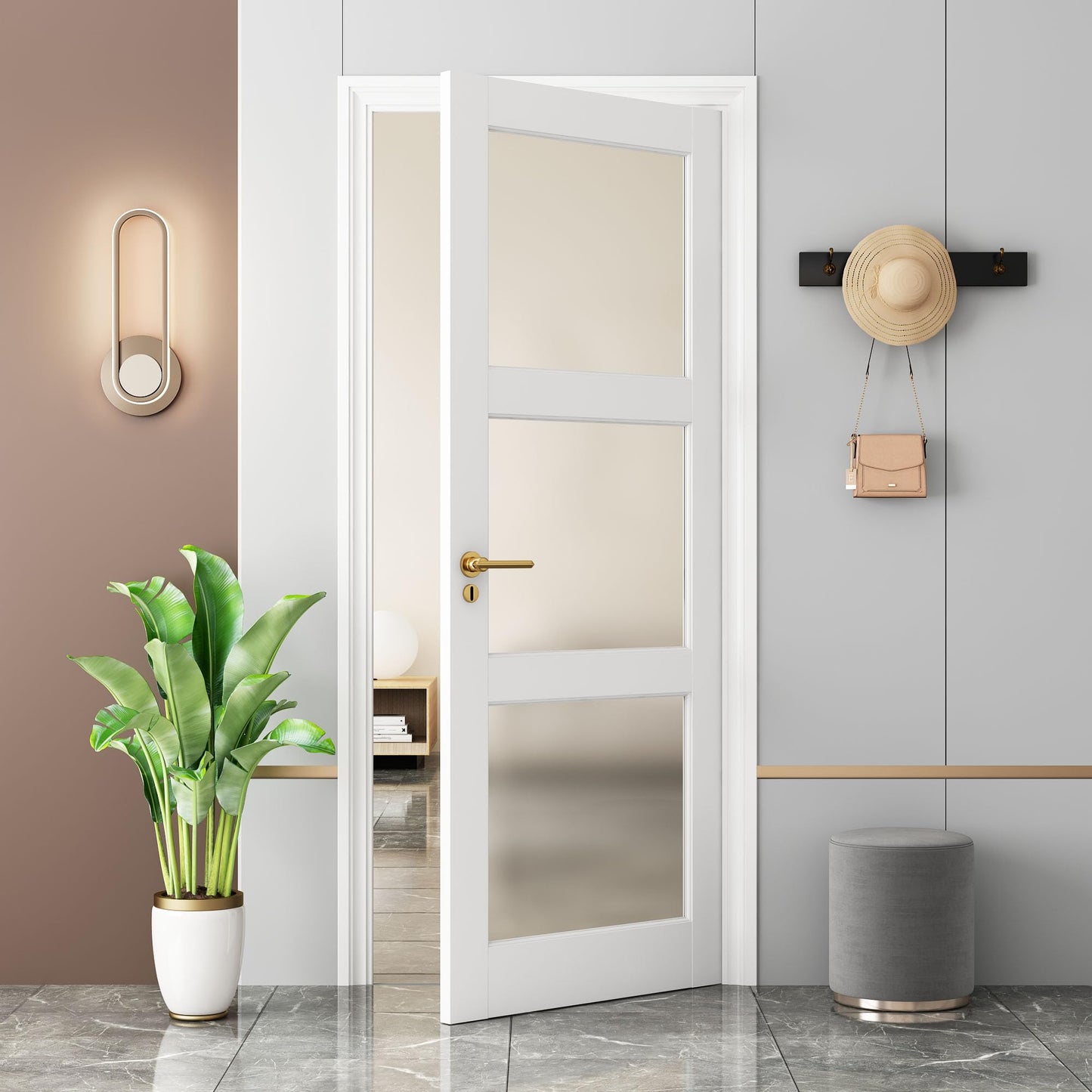 30"x 80" 3-Lite Frosted Glass French Interior Slab Door, Solid Core Wood with MDF Door Panel for Bedroom Closet Laundry Pantry Bathroom White Pre-Finished Surface Paintable, w/o Hardware