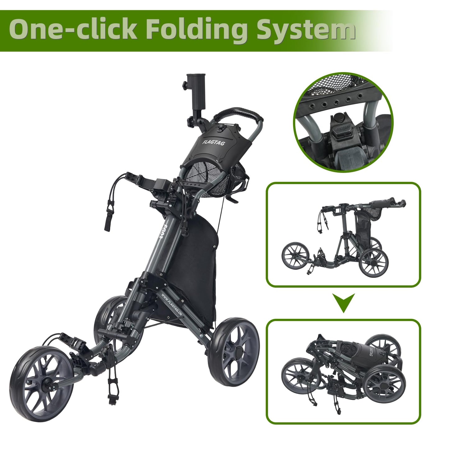 FLAGTAG Golf Push Cart 3 Wheel,Foldable Golf Push Cart,Golf Bag Cart with Foot Brake,Umbrella Holder, Cup Holder, Storage Compartment