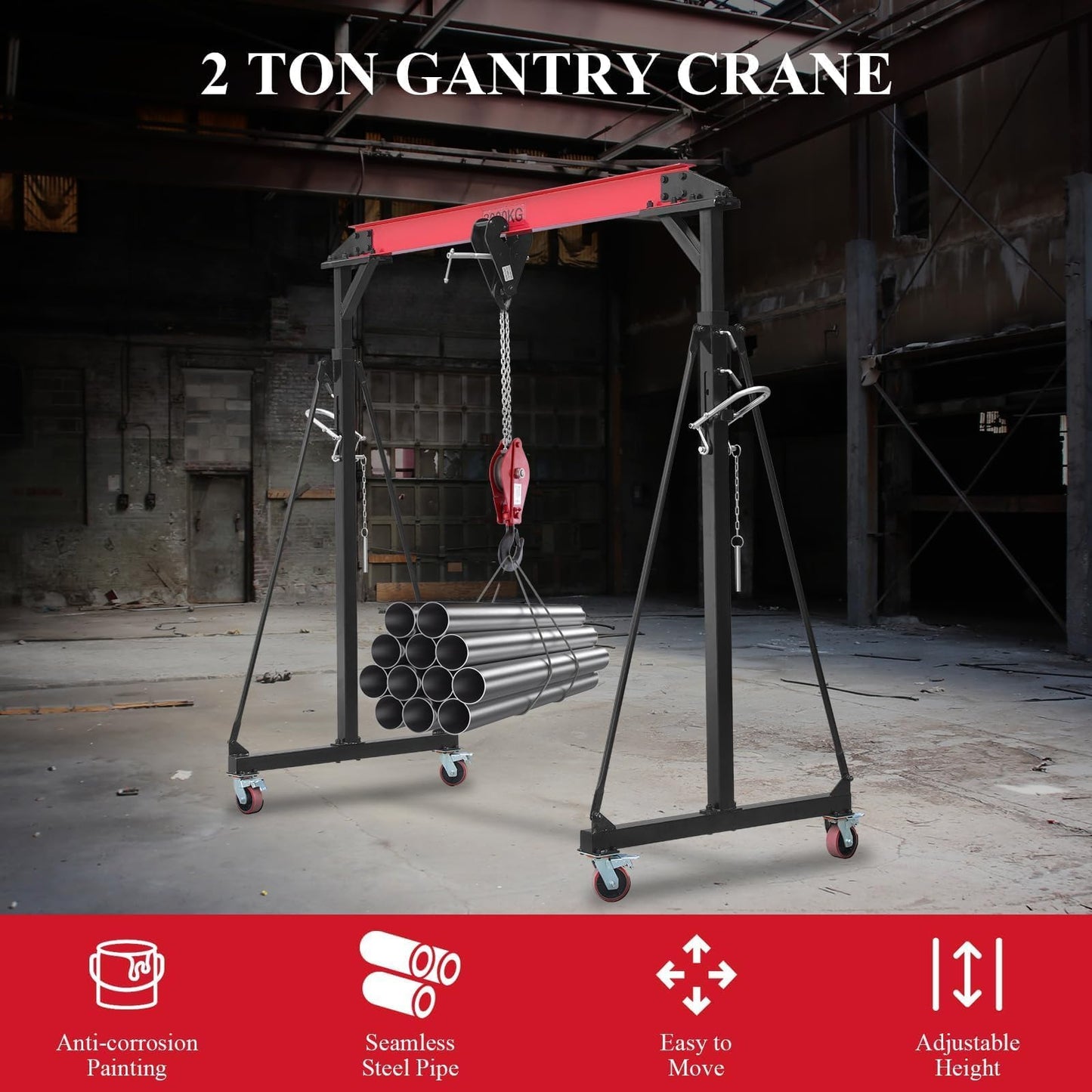 2.5/2/1T Adjustable Gantry Crane, 2200/4400/5500LBS Loading Capacity, Adjustable Height from 100.4 in to 147.6 in, Portable Shop Lift Hoist, for Factories, Construction Site, Warehouse, Car Repair