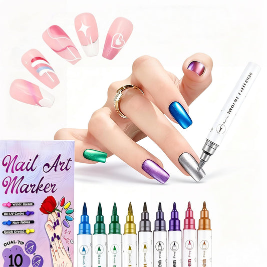 Upgraded Dual Tip Nail Art Pens, 10 Colors Metallic Nail Polish Markers, Fine & Brush Tip Quick Dry Odorless Long Lasting 3D Nail Drawing Pen, DIY Manicure Salon Decor Gift for Beginners Professionals