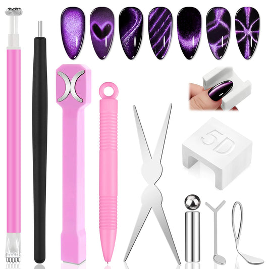 EBANKU Cateye Magnet Set for Nails, 5D Automatic U-Shaped Nail Art Magnet Tool with Ball Magnet, 3 IN 1 Magnets Pen Heart French Flower Black Hole Multi Effect Nail Art Designs Home DIY Salon Use