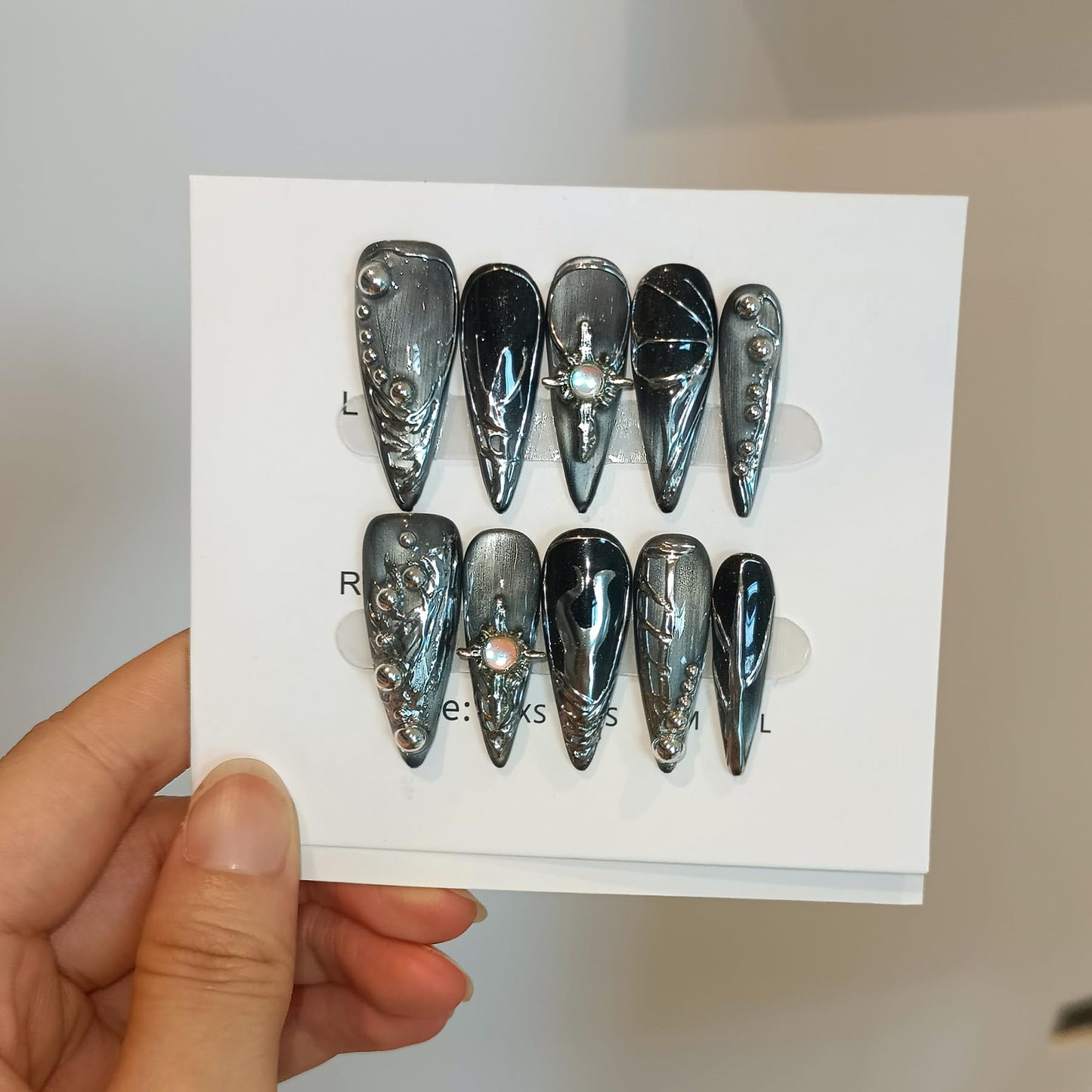 TENPAL Cat Eye Black & Mirror Powder Gradient Obsidian Press on Nails Long Stiletto,Hand-Painted Butterfly & Meteor Designs Fake Nails with Tools,3D Crystal Gothic Punk Nail Kit with Tools 10pcs(L)
