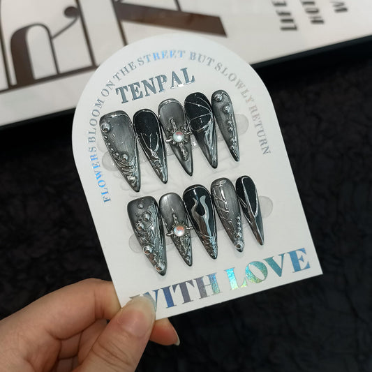 TENPAL Cat Eye Black & Mirror Powder Gradient Obsidian Press on Nails Long Stiletto,Hand-Painted Butterfly & Meteor Designs Fake Nails with Tools,3D Crystal Gothic Punk Nail Kit with Tools 10pcs(S)