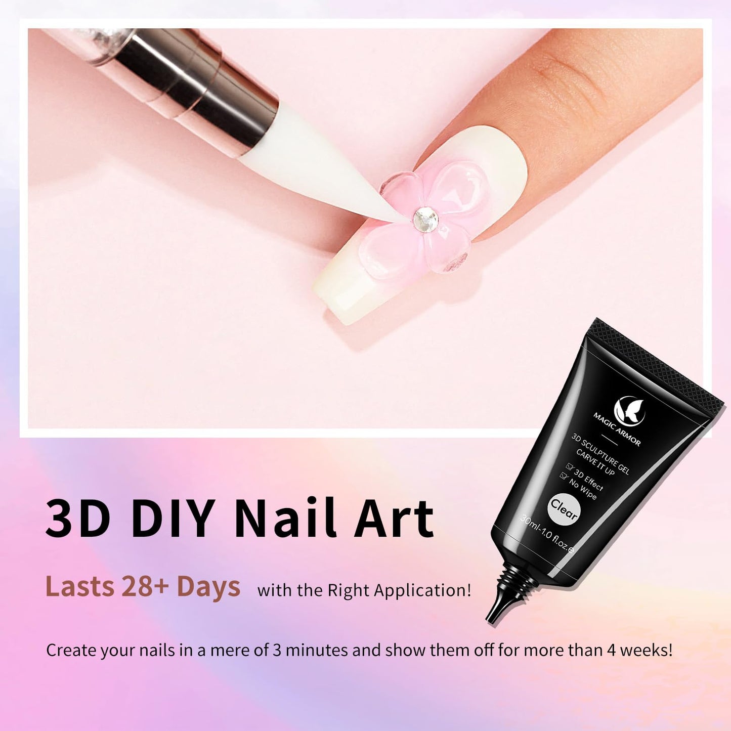 30g 3D Nail Gel and Chrome Powder Kit, Sculpting Gel Nail Art Glue for Art Designs DIY Craving Molding for Decoration Manicure Pedicure Use