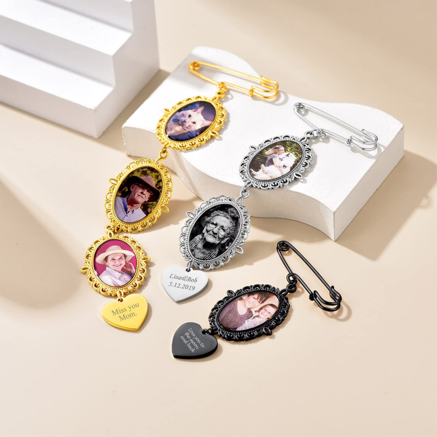 Custom4U Pins with Picture Charms Photo Pins Customized Wedding Bouquet Charm for Bride Groom