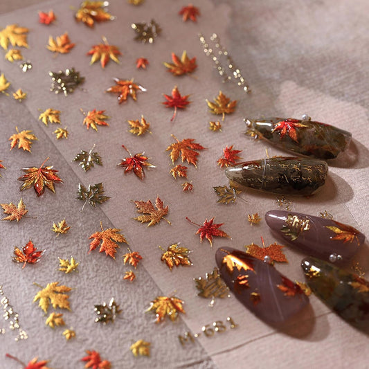 2 Sheets Fall Maple Leaves Nail Art Stickers 5D Embossed Self-Adhesive Nail Decals Autumn Maple Leaf Nails Supplies Thanksgiving Day Nail Designs Stickers for Women DIY Manicure Accessories