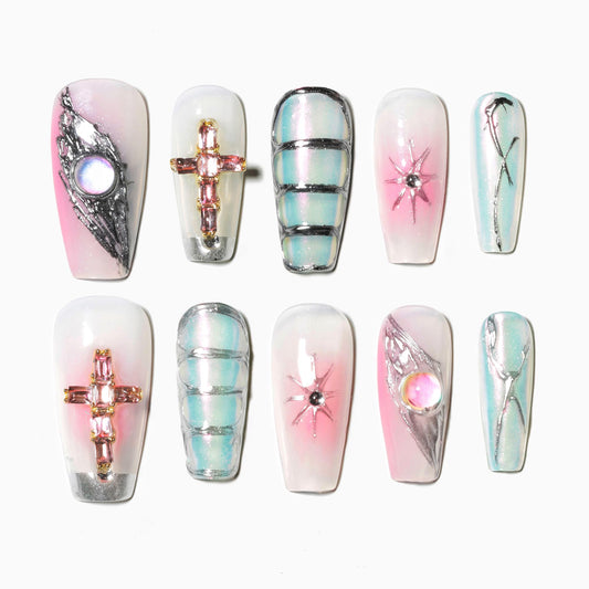 Sun&Beam Nails Handmade Press-on Medium Long Coffin Ballerina Pink Sliver Aurora Rhinestone Y2K Design False Nail Tips 10 Pcs (#137 S)