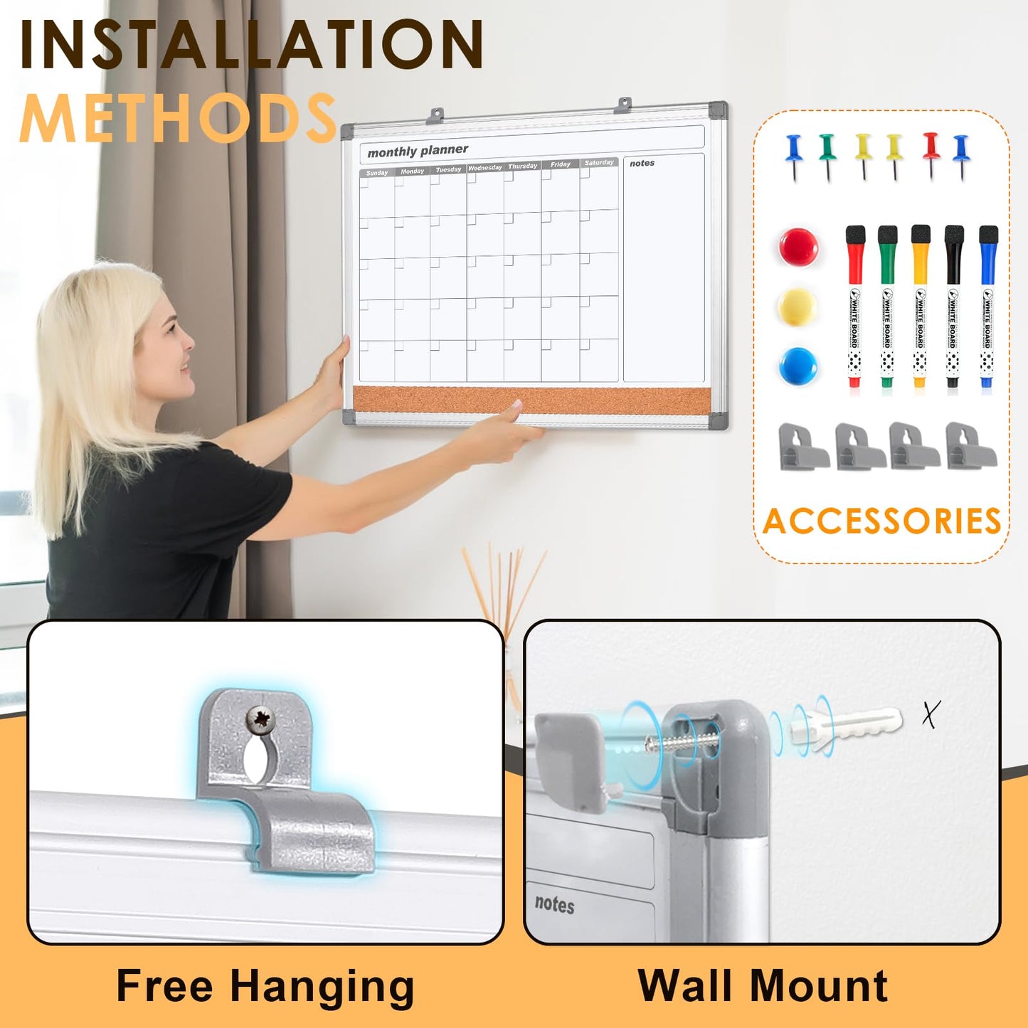 MAKELLO Dry Erase Calendar for Wall 24" x 18", Whiteboard Calendard with Cork Board for Office, Home, School, Family, Kitchen and Bedroom