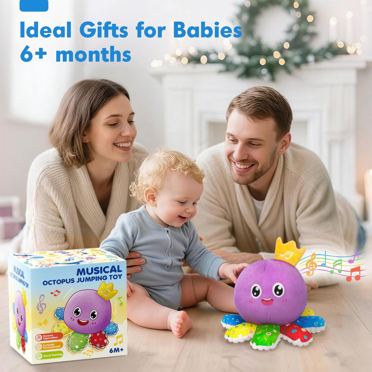 Baby Toys 6-12 Months,Musical Crawling Octopus Plush Toy,Sensory Toys for Infants,Birthday Boy 7 8 9 10 12-18 Month,Tap and Voice Interaction,Walking Bouncing Learning Tummy Time Toy