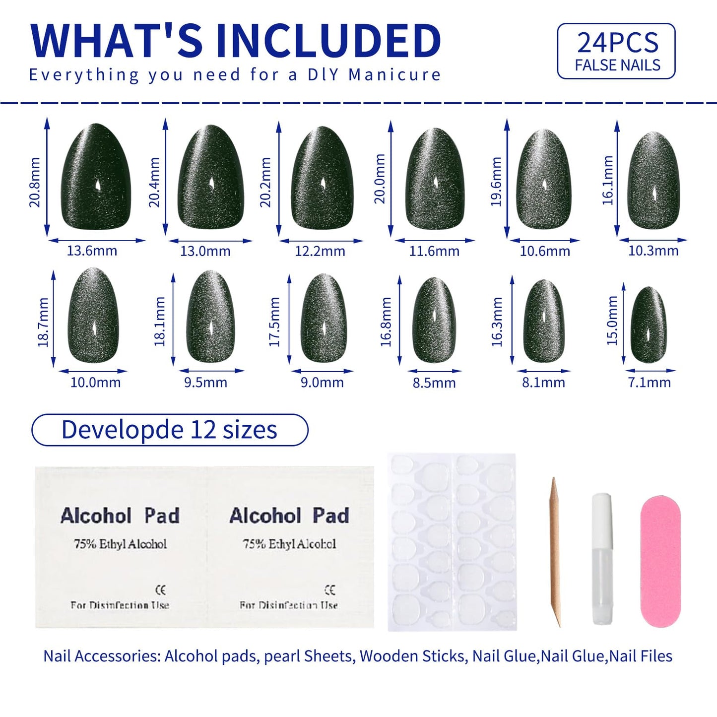 Almond Press On Nails Short, Green Cat Eye Press on Nails with Glue for Women Ashionable Gel False Nails Reusable Acrylic False Nails Women's Glitter Nails Glue On Nails Kit, Avocado Green
