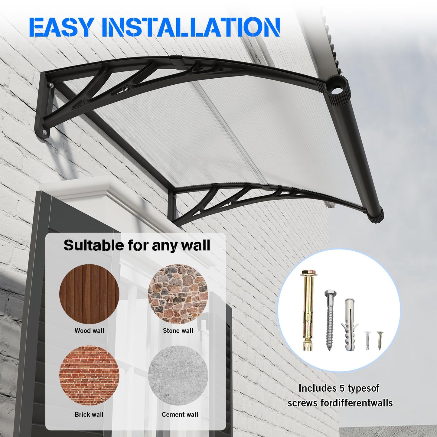 Awning for Door Entrance with Drainage Sink,40x60 Inch Awnings for Doors,Window Canopy Exterior with Plastic Steel Bracket,Polycarbonate Cover,UV,Rain,Snow Protection for House,Porch,Patio,Deck