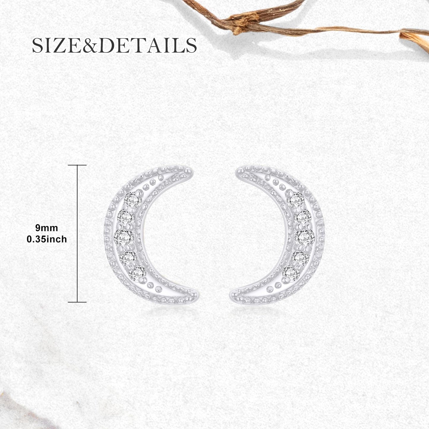 14K White Gold North Star Moon Necklace and Stud Earrings Set for Women