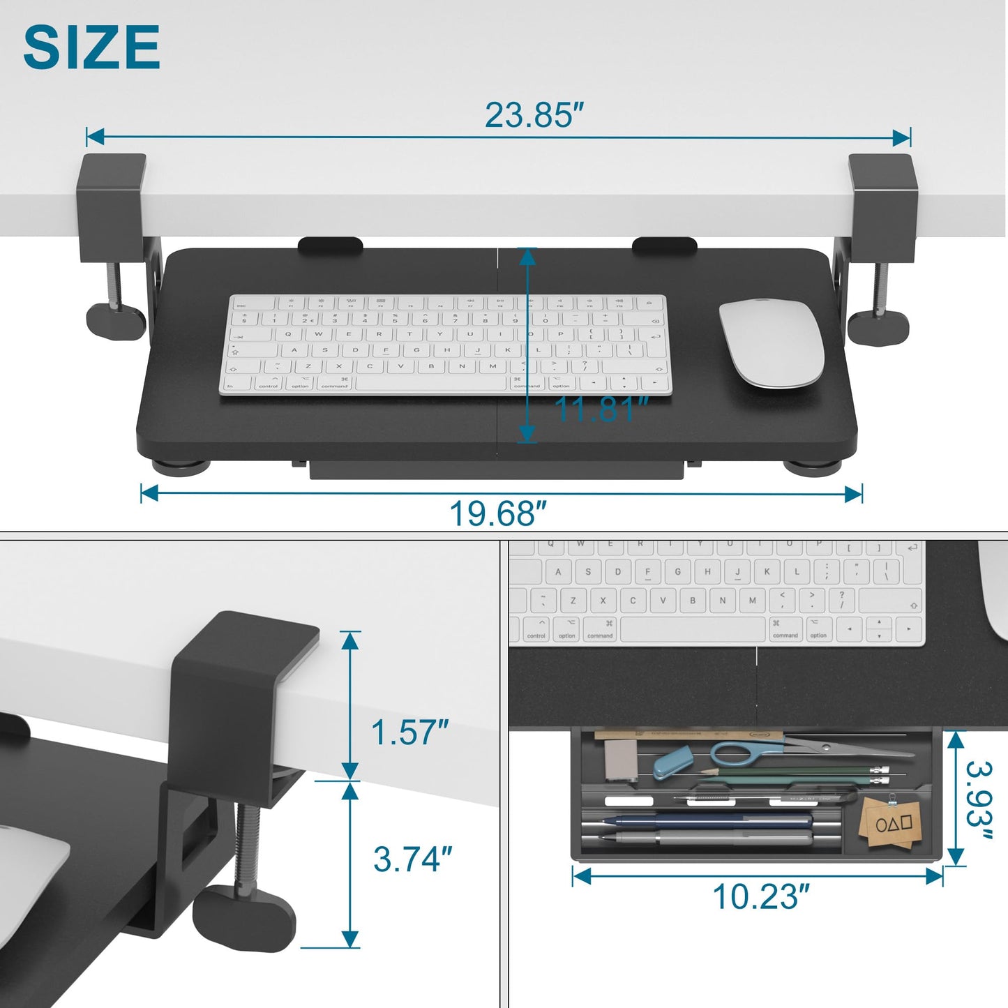 ETHU Keyboard Tray Under Desk, 19.7" X 11.81" Small Size Keyboard Drawer with C Clamp-on Mount Easy to Install, Computer Keyboard Stand Slide Pull Out, Ergonomic Keyboard Tray for Home & Office, Black