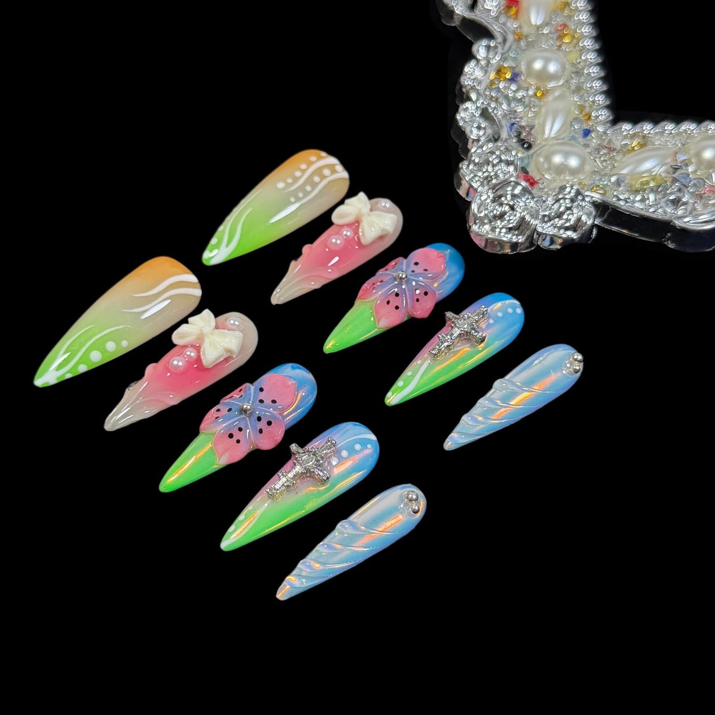 Handmade Press On Nails, 3D Flower Bow Cross Design, Long Stiletto Shape, Pastel Gradient Acrylic Fake Nails Gift set for Women Rainbow (S)