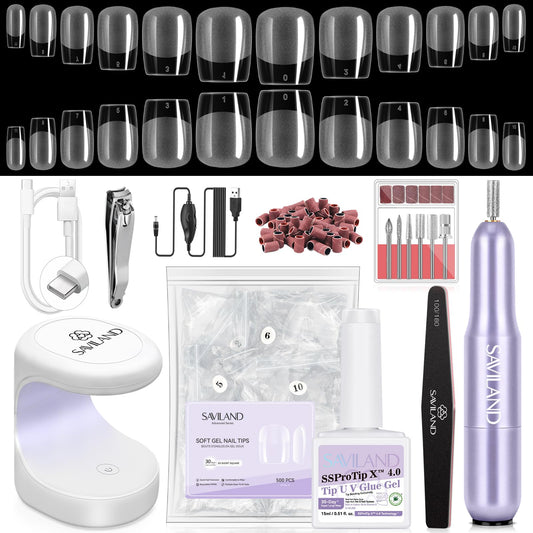 SAVILAND Gel Nail Kit: 500 Pcs Extra Short Square Nail Tips with Drill Kit 30-Day Strong Hold Gel Nail Tips X 12 Sizes Fake Nails with Glue & Nail Lamp For Beginners DIY At Home Nail Kit Gift