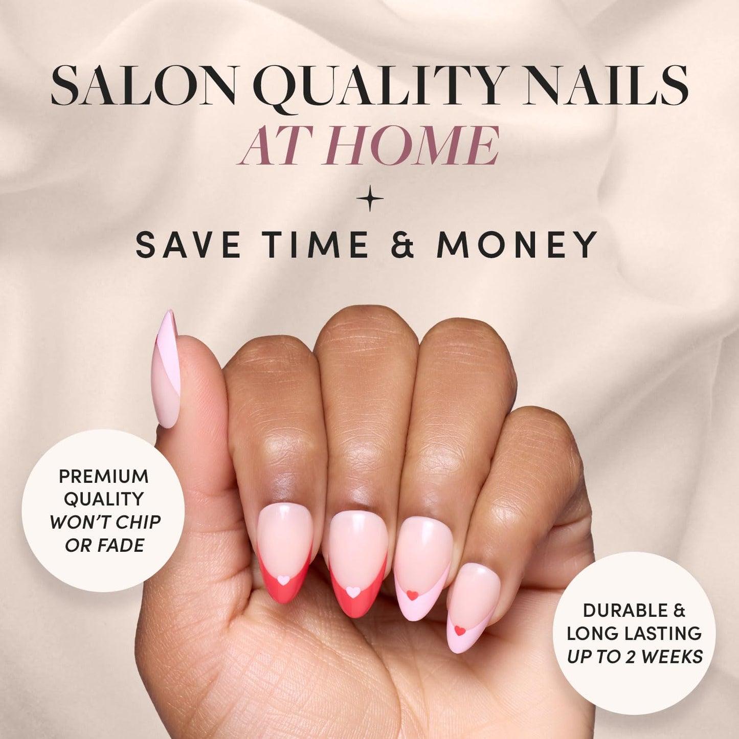 Glamnetic Press-On Nails - Pure Hearted | Short Almond Fake Nails with Heart Accents | 15 Sizes - 30 Nail Kit with Glue and Remover