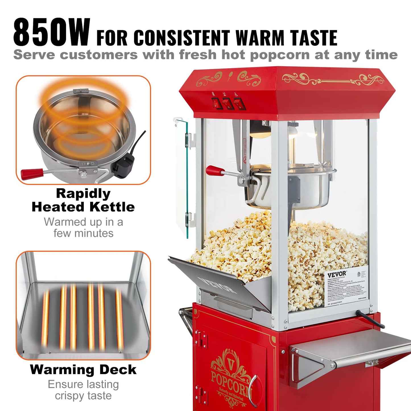 VEVOR Commercial Popcorn Machine, 8 Oz Kettle, 850 W Popcorn Maker on Wheels for 48 Cups per Batch, Theater Style Popper with 3-Switch Control Steel Frame Tempered Glass Doors Cart 1 Scoop 2 Spoons