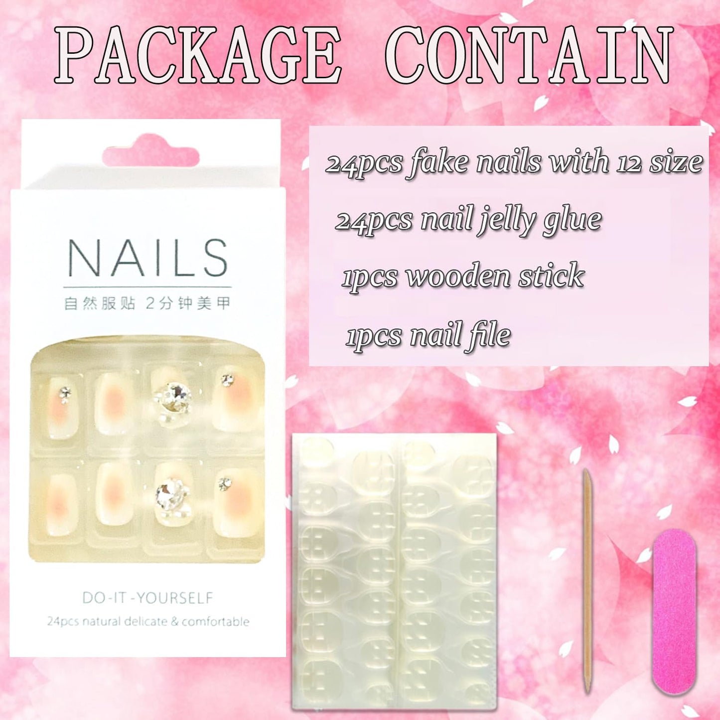 Vezocim Press on Nails Short Square-24Pcs Glossy Full Cover Acrylic White False Nails with Rhinestone Designs Artificial Extra Short Square Fake Nails with Glue Stick on Fingernails for Women Girls