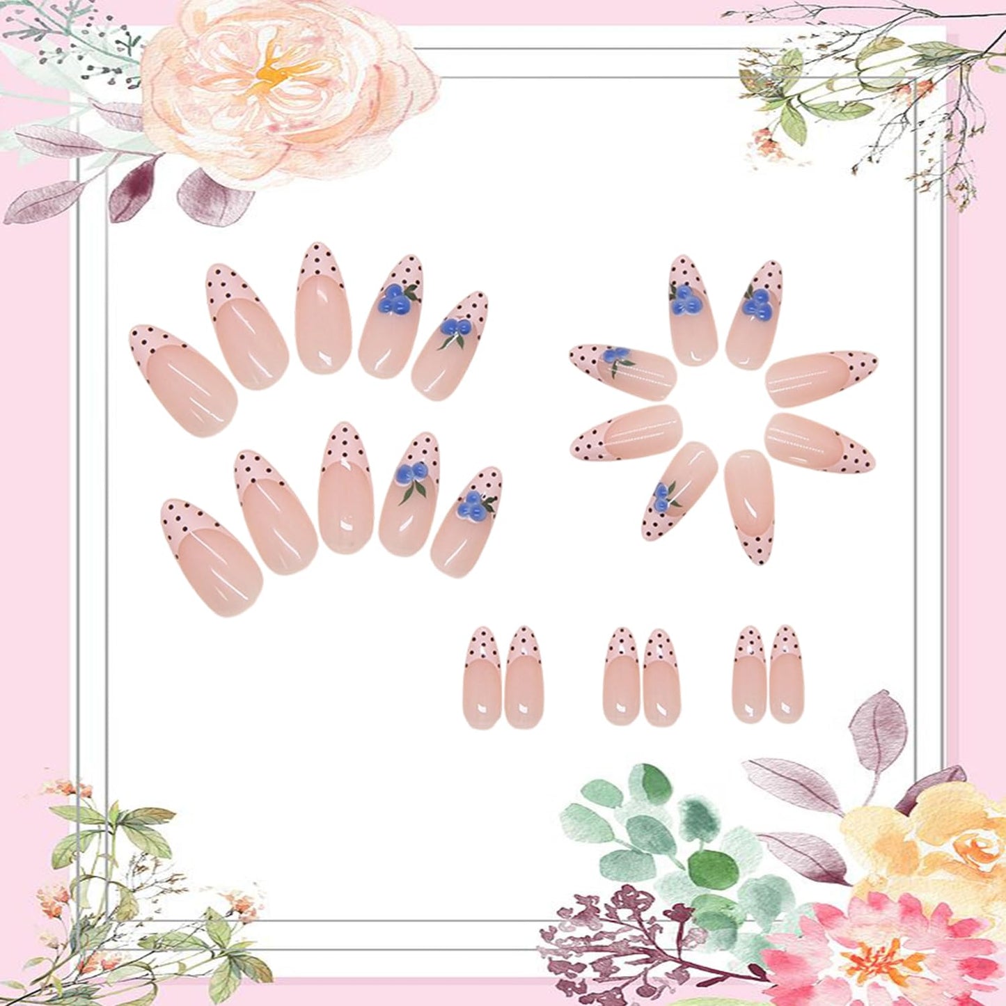 Nude Pink Press on Nails Medium Length Artificial Acrylic French Black Polka Dots Tip Fake Nails 3D Blueberry Almond Coffin Nail Spring Design Stick on Nail Artificial Fingernails for Women Manicure