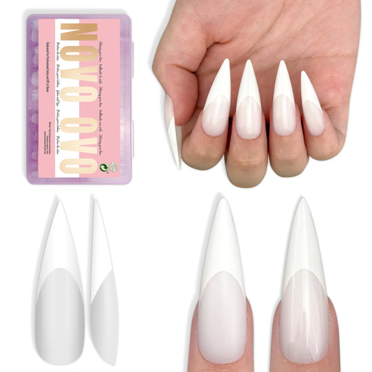 NOVO OVO White French Tip Long XL Sharp Stiletto Nail Tips Press on Milky White (Cloud Dancer), Soft Gel Double Matte Fake Nail Extension, Full Cover False Nails for Acrylic DIY x 16 Sizes 160 pcs