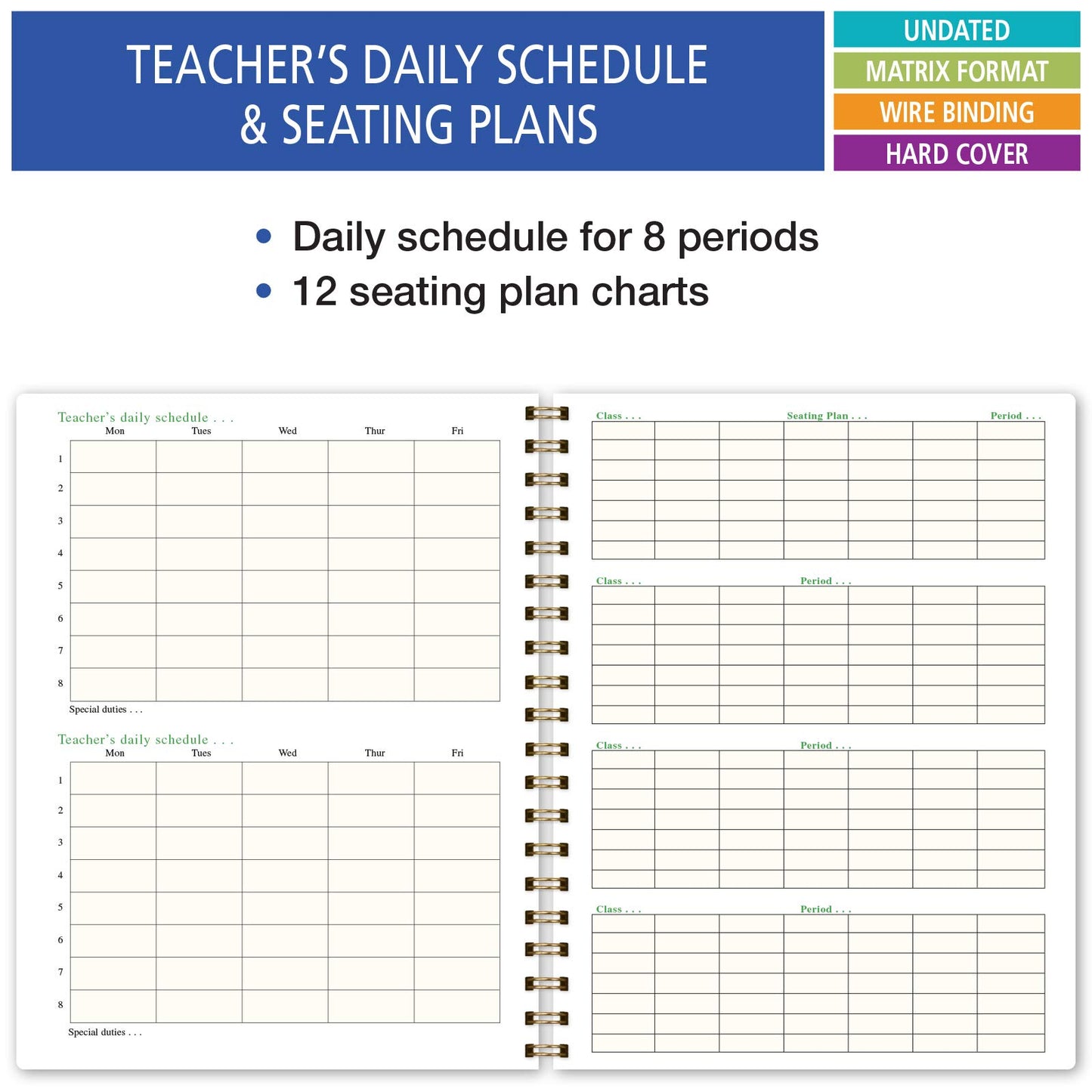 Elan Publishing Company HARDCOVER 7 Period Teacher Lesson Planner - Days Horizontally Across the Top with Bonus Clip-in Bookmark (Gold Dots Turquoise)