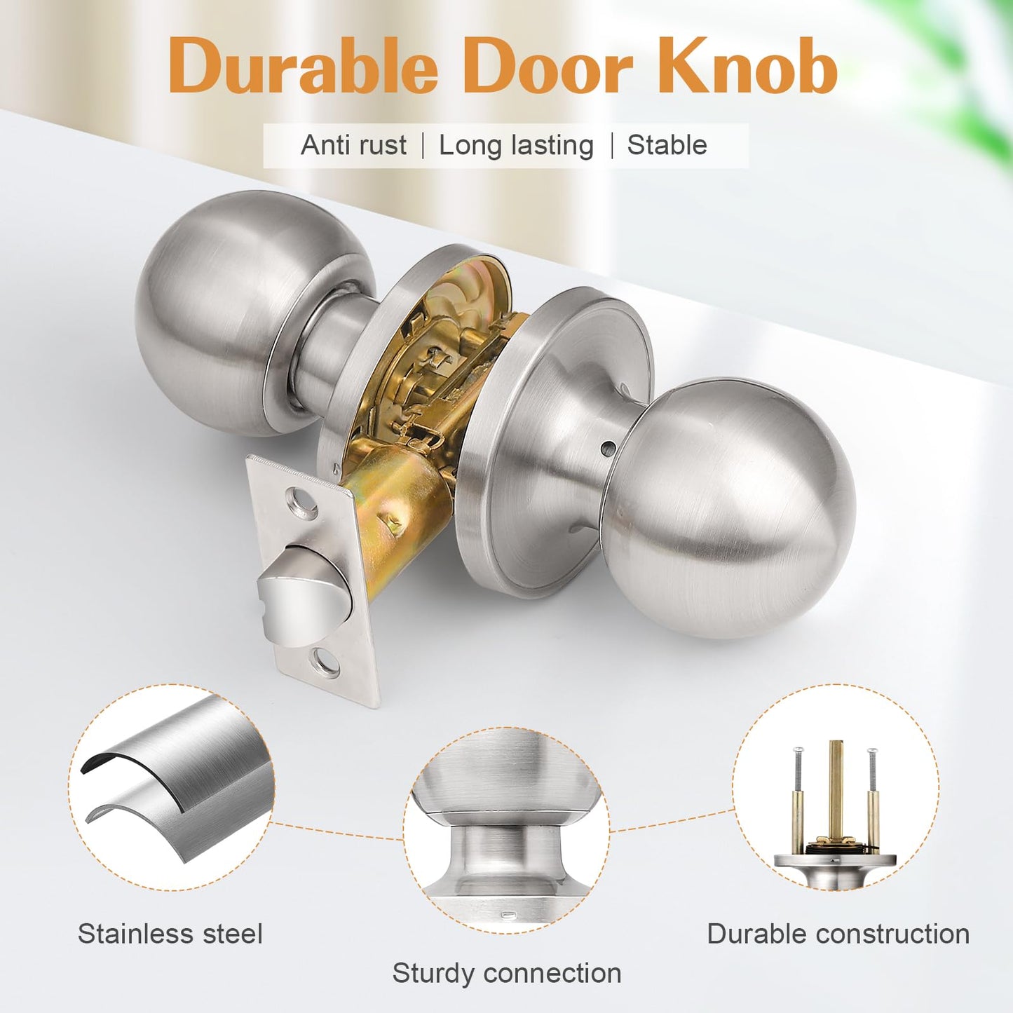 Probrico Brushed Nickel Passage Door Knob for Hallway Closet, Keyless Interior Door Knobs, Non-Locking Round Door Knob, 8 Pack