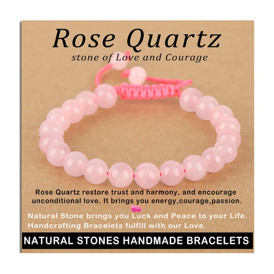 AD Beads 8mm Rose Quartz Bracelet - Stone of stone of Love and Courage - Handmade Natural Stone Crystal Bracelet with Adjustable Macrame String - Yoga Healing Power Energy Gifts for Men and Women