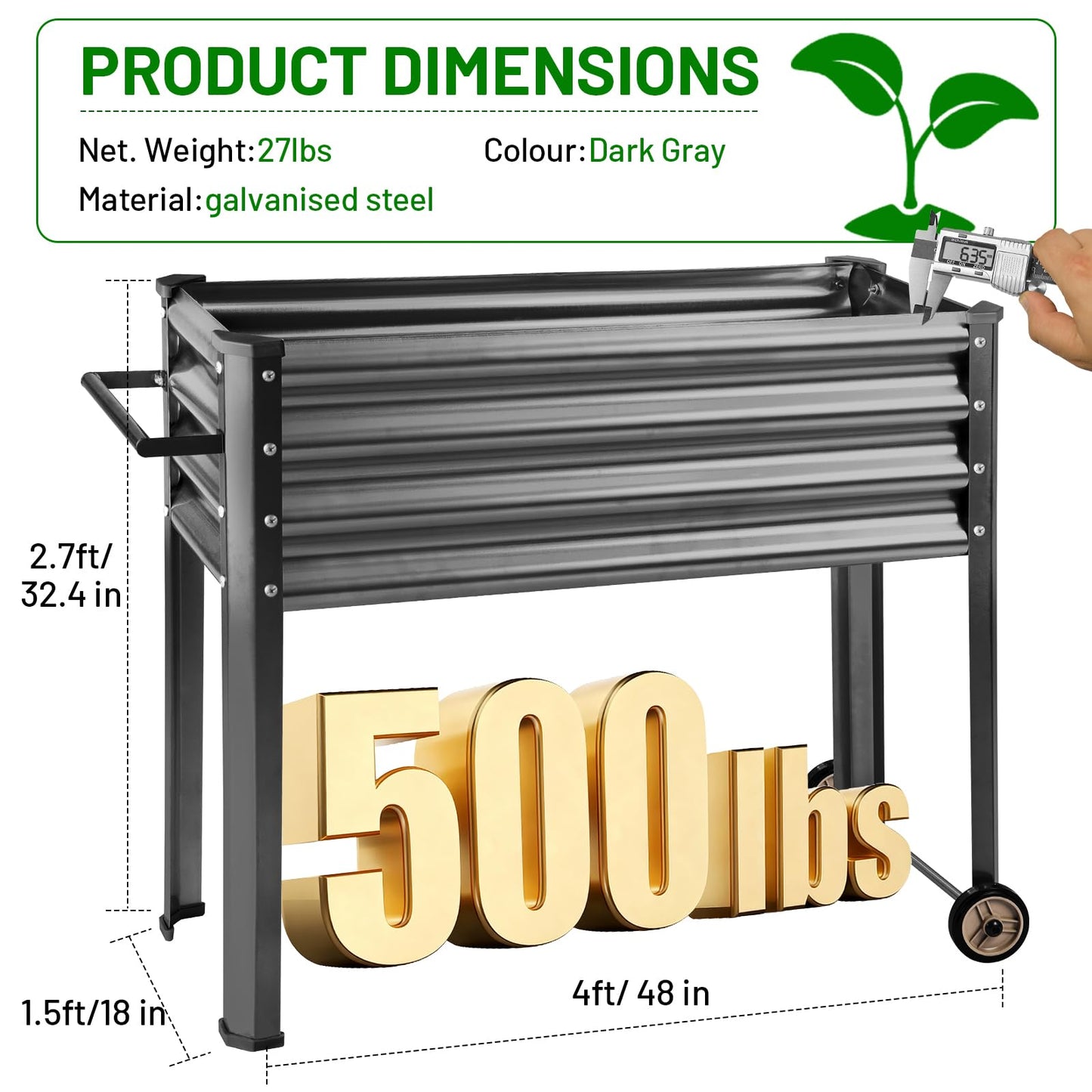 Land Guard 2 Pack Galvanized Raised Garden Bed with Legs & Wheels, 48×18×32in Metal Elevated Raised Planter Box for Backyard, Patio, Balcony, 500lb Capacity, Dark Grey