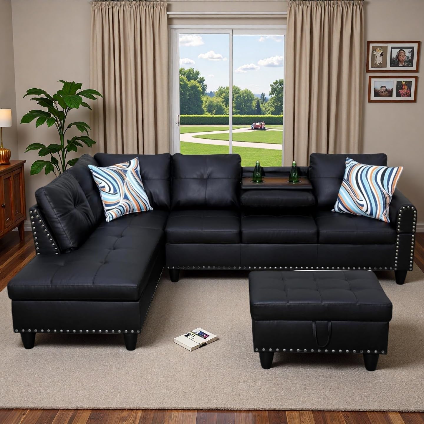 Topcomfy 97.5" L Shaped Couch Set, Modular Sectional Couches for Living Room with Storage Ottoman, 4 Seat Home Sofa Living Room Furniture Sets with Chaise for Apartment Office (Leather, Black)
