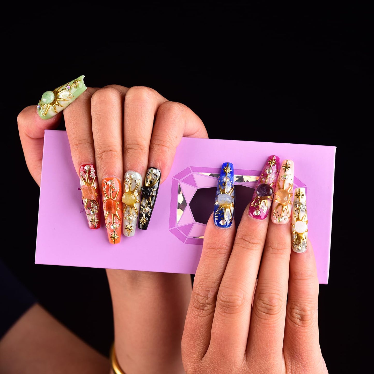 Tmani 10pc/set Long Handmade Press On Nail Hot Girl's Long Nails Ten Kinds of Natural Crystal Stone Decoration Fake Nails Suitable For Girls Festival Parties and Birthday Gift(260,S)