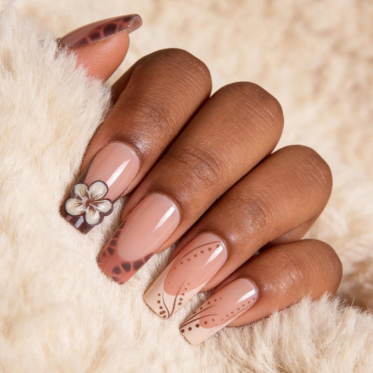 Long Press on Nails Square Fake Nails Brown Artificial Nail Leopard 3D Flowers Stick on Nail for Women 24pcs