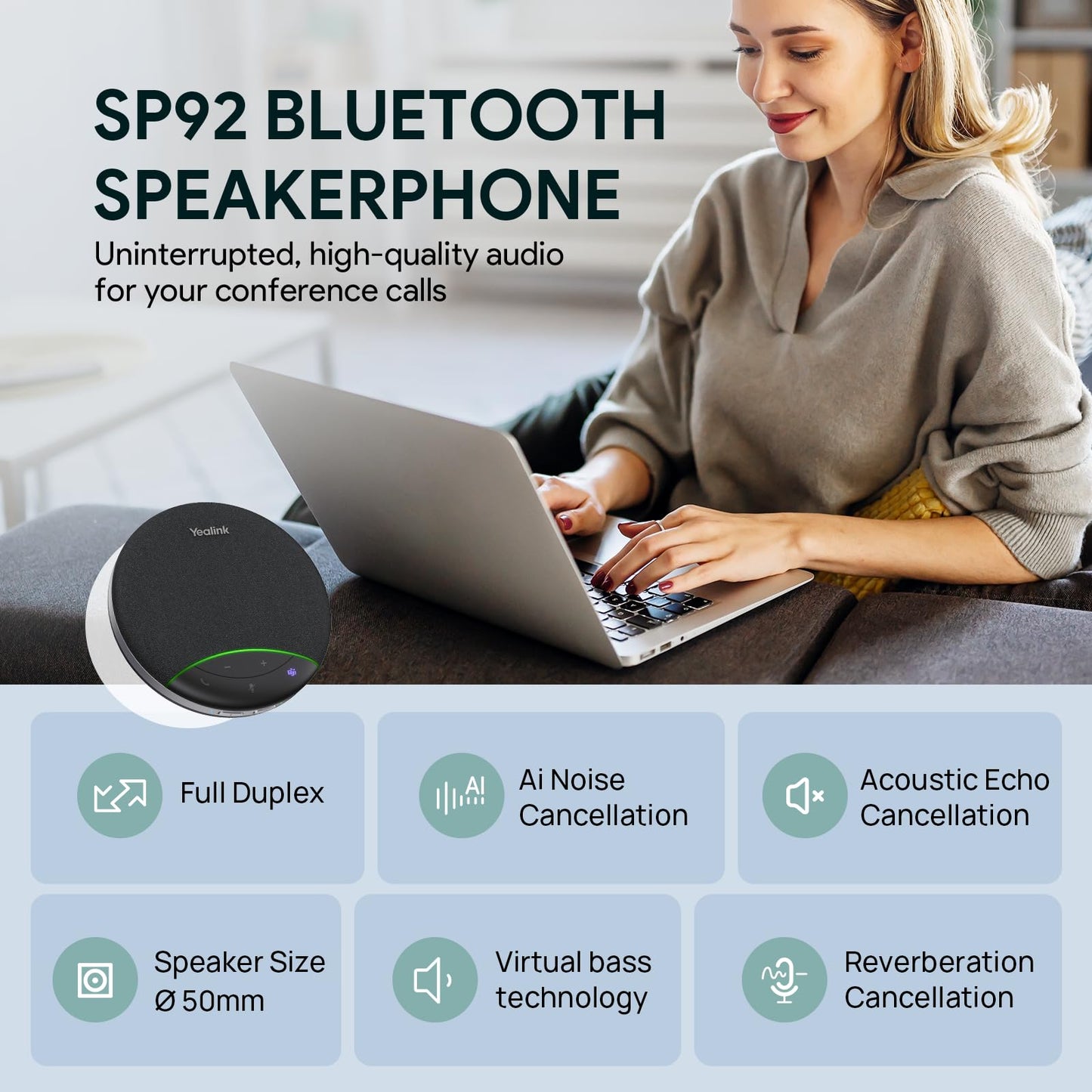 Yealink Sp92 Conference Speaker and Microphone Teams Certified Mic with Al Noise Cancelling 20H Call Time USB Speakerphone for Small Meeting Room, Bluetooth Speaker for Computer/Laptop