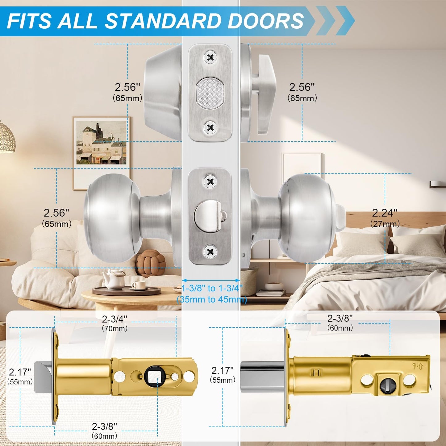 Plustool 4 Pack Exterior Door Lock Set, Satin Nickel Door Knob and Deadbolt Combo Set, Keyed Alike Entry Door Knobs with Lock&Keys, Round Ball Door Locksets with Deadbolt for Entrance and Front Door