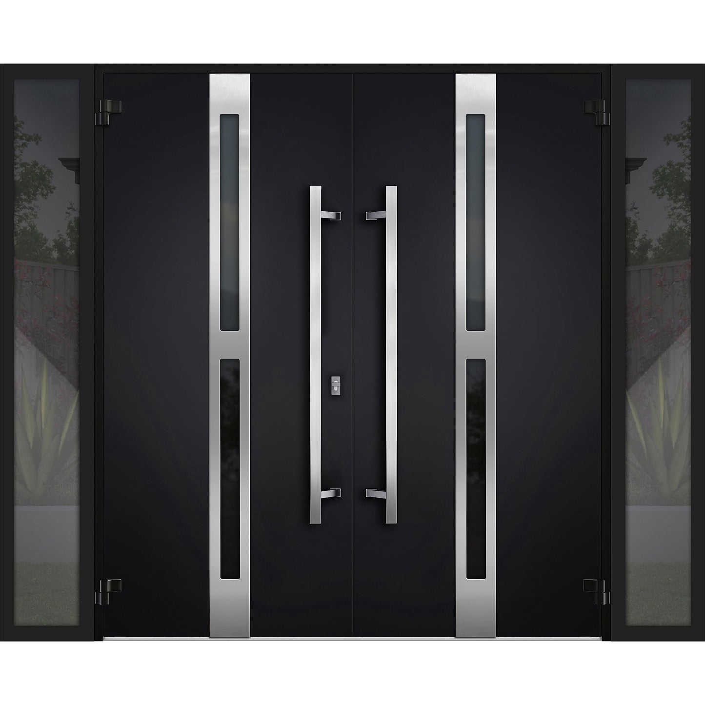 VDOMDOORS Front Exterior Prehung Metal Double Doors/Deux 1755 Black Enamel Tinted Black Glass / 2 Sidelites Exterior Windows/Entry Modern Painted Left Inswing Active Door 104" x 80"
