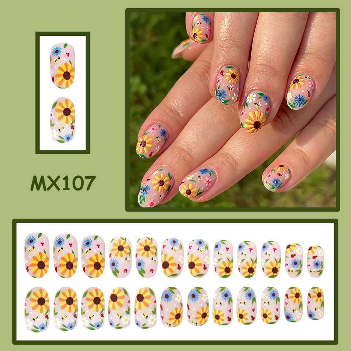 Flowers Press on Nails Spring Fake Nails Medium Oval False Nails with Floral,Bee Designs Glue on Nails Press ons Stick on Nail Full Cover Artificial Nail for Women Manicure 24Pcs