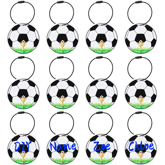 TOHONGADON 12 Pcs Soccer Luggage Tags for Suitcases Travel, 2.75in PVC Soccer Suitcase Labels with Metal Ring, Soccer Ball Name ID DIY Pocket Hug Card for Men Women Travel Bag Team Gifts