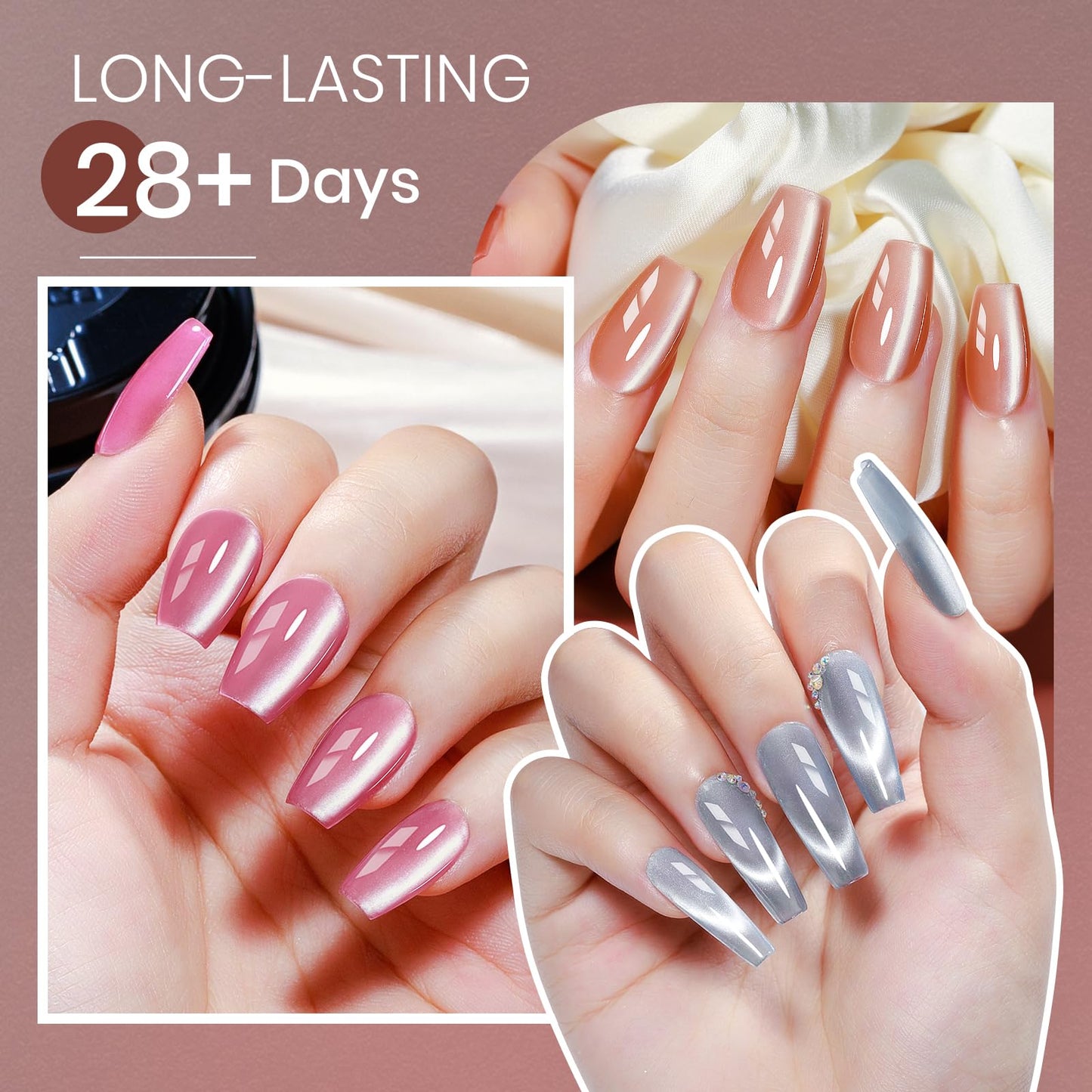 MIZHSE Cat Eye Gel Nail Polish Set: 8 Colors Moonlight Magnetic Gel Polish with Magnet Stick, Glass Holographic Shimmer Gray Brown Pink Colors Glitter Nail Gel Soak Off Nail Art Salon DIY Gift