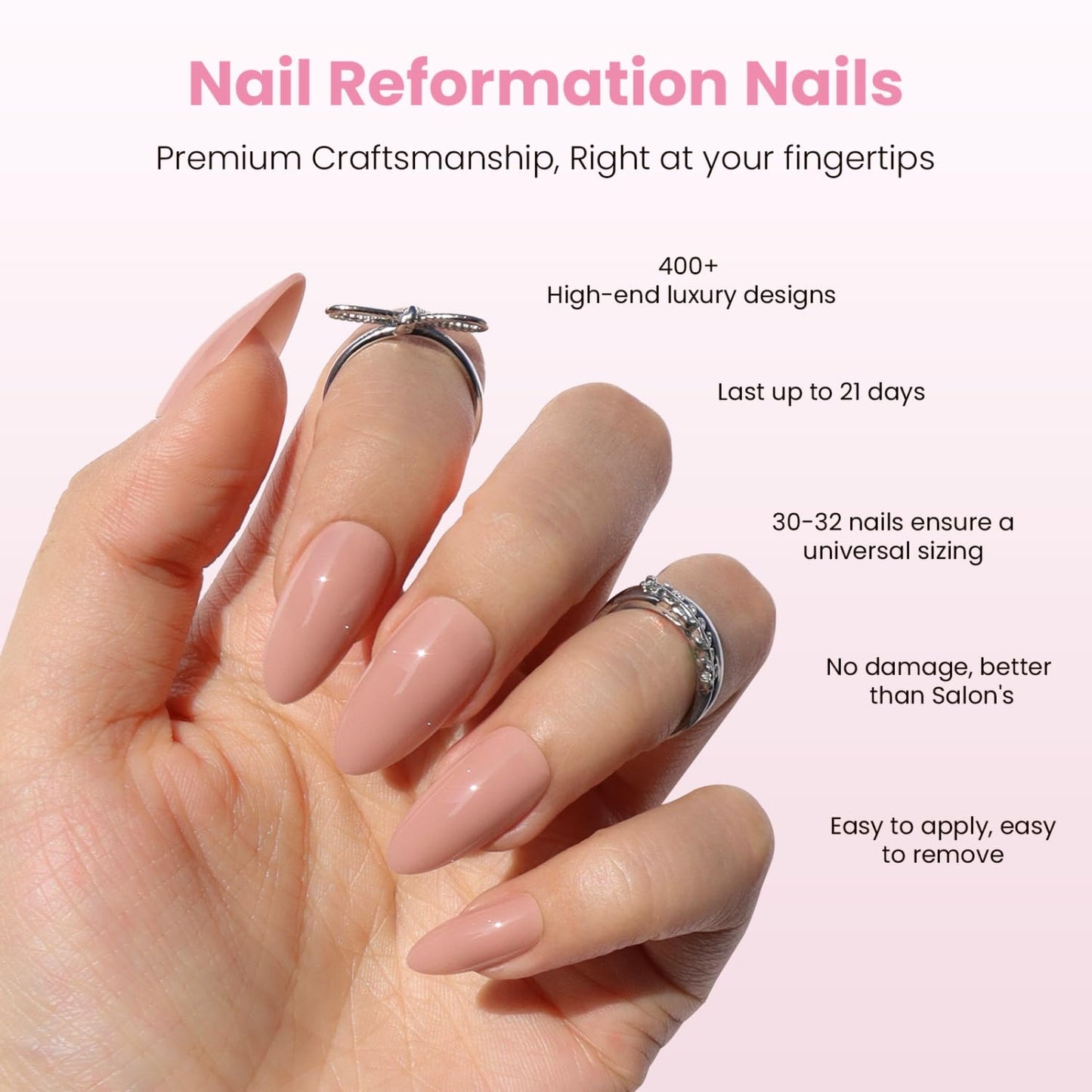 Nail Reformation Press On Nails, Trench Coat | Deep Nude Medium Almond Fake Nails in Glossy Finish, Salon Quality, Reusable Stick On Nails Kit - 30 Pcs in 15 Sizes with Glue, Manicure Gifts for Women