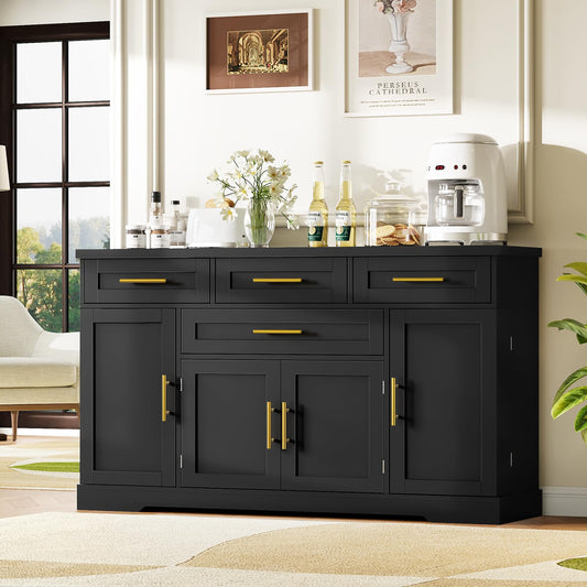 Concho 54" Buffet Cabinet with Storage, Kitchen Sideboards Small Coffee Bar Cabinet with 4 Drawers, Modern Kitchen Storage Cabinet for Living Room, Jet Black