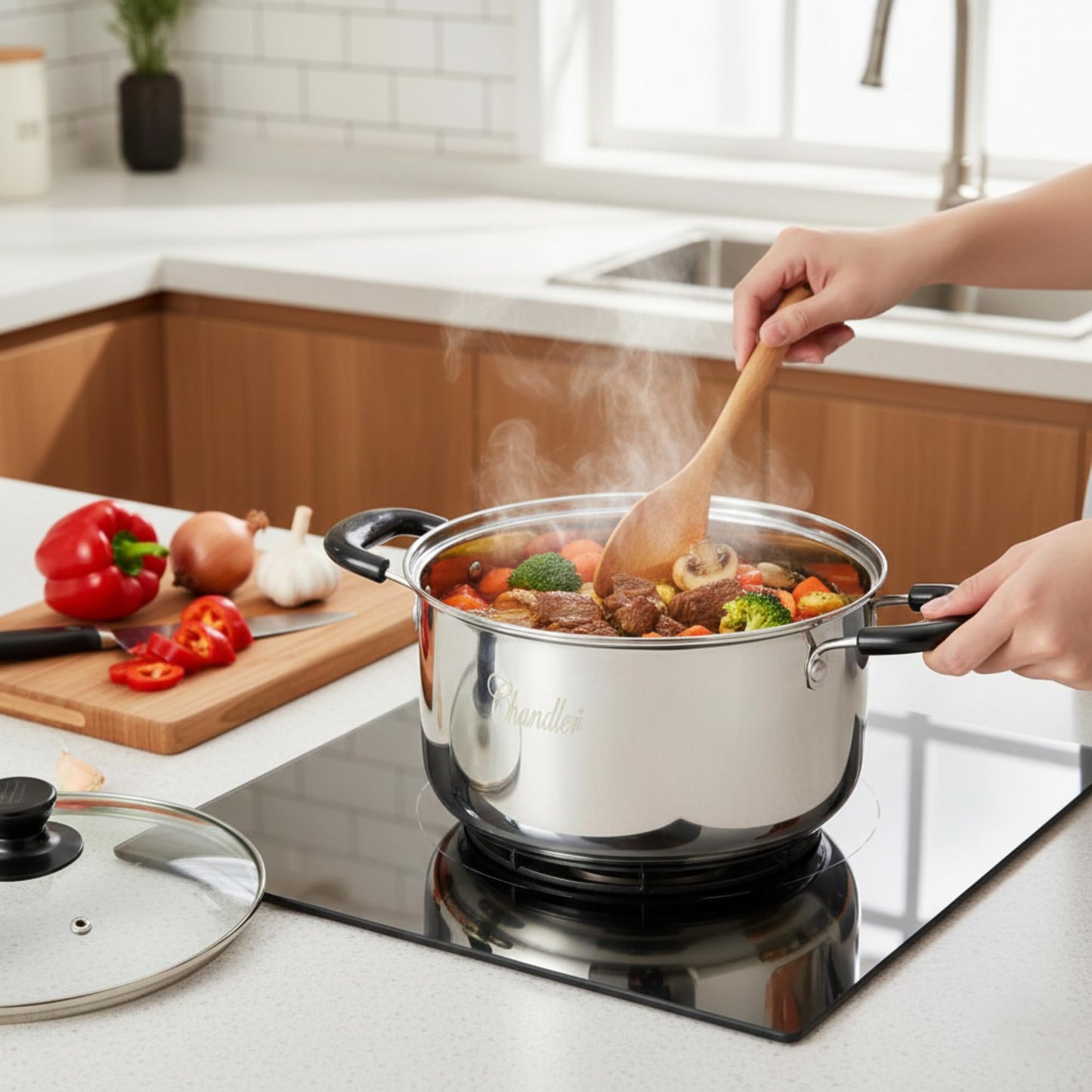 Chandler Stainless Steel Cookware Set, 13-piece Pots and Pans with Tempered Glass Lid - Cooking Set with Deep Pans, Saucepans & Pots Compatible for Family Meals (13-Pieces Stainless Steel)