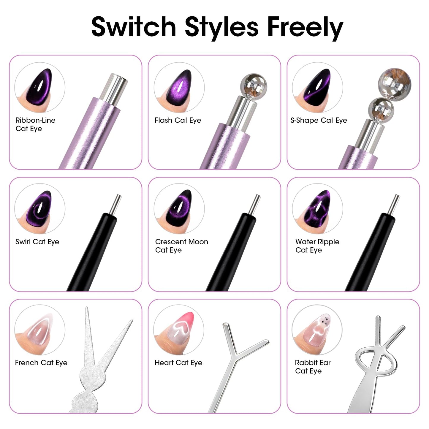 Gellen Cat Eye Magnet for Nails, Strong Magnetic Nail Magnet Set with Double Ended Magnet Pen, 8mm 10mm Ball Magnets, French Tip Cat Eye Guide Plate, Bunny & Heart Design Plates for Gel Nail Polish
