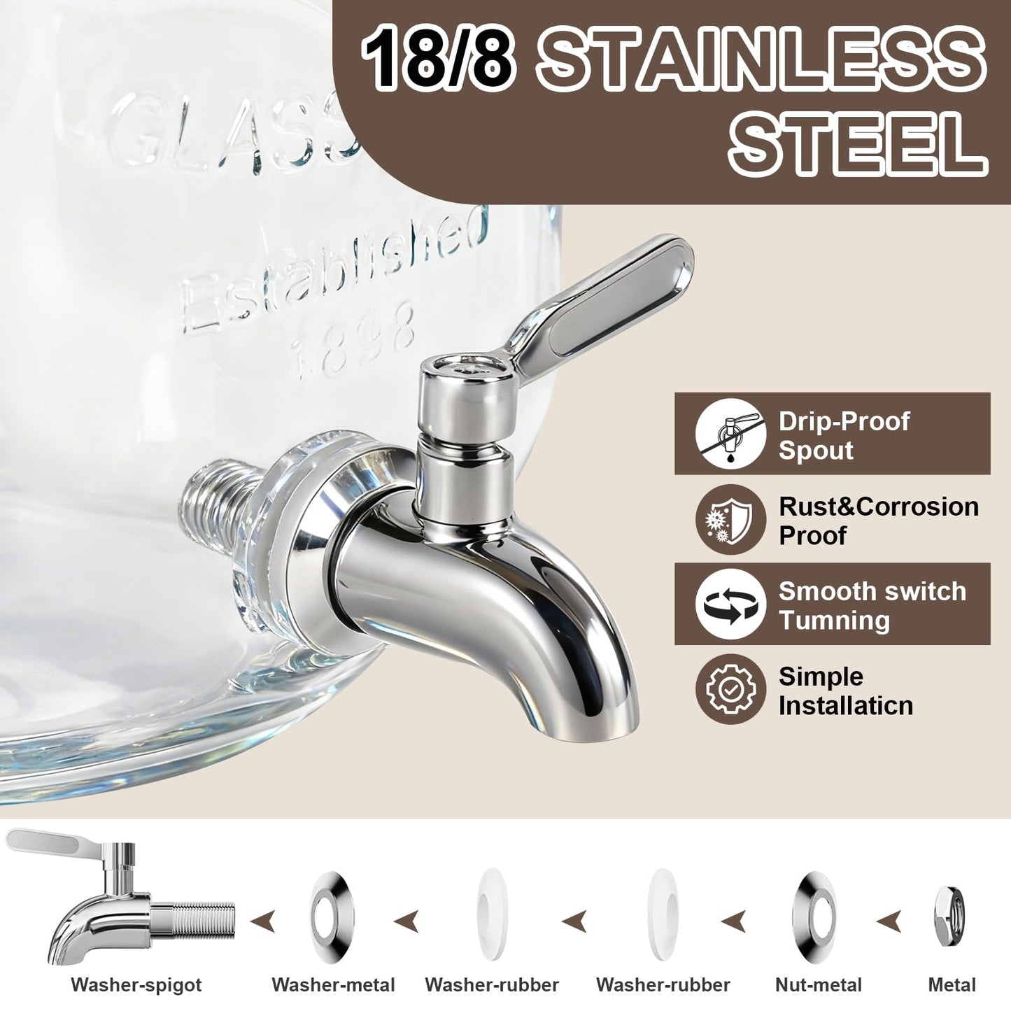 2 Gallon Glass Drink Dispenser,Beverage Dispenser with Stand,Lemonade Dispenser with 304 Stainless Steel Spigot Leakproof for Entertaining Guests, Picnic,Hosting Parties